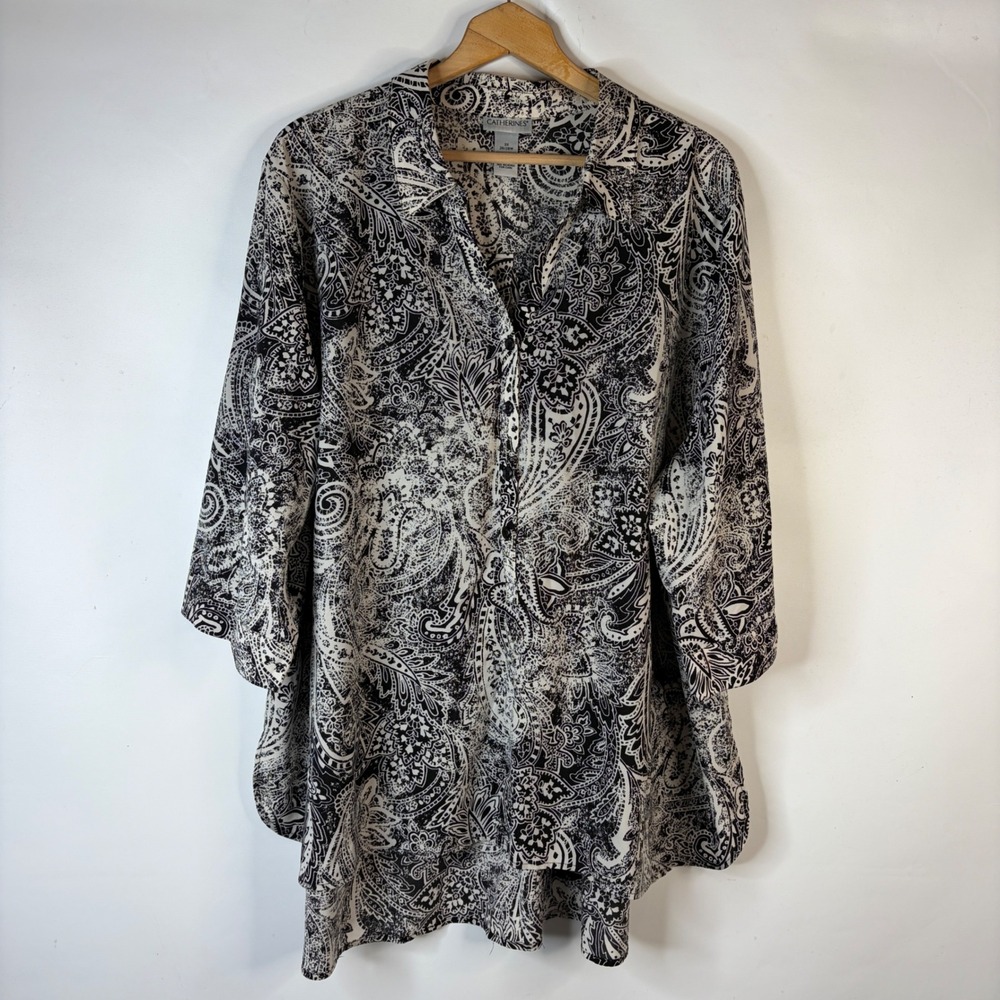 Catherines Tunic Women 3X Black White Paisley Button Up High-Low 3/4 Sleeve Top